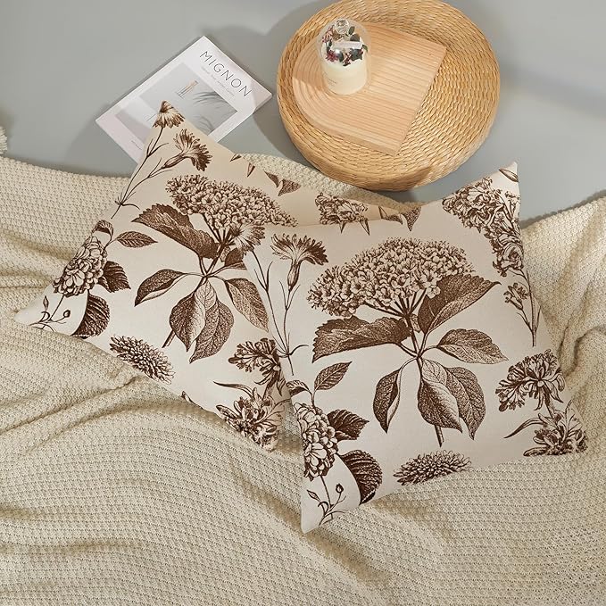 Brown Pillow Covers 20x20 Set of 2 Vintage Boho Floral Hydrangea Herbs Botanical Throw Pillow Cover Outdoor Flower Decorative Pillowcase Linen Farmhouse Cushion Case Decor for Couch Sofa