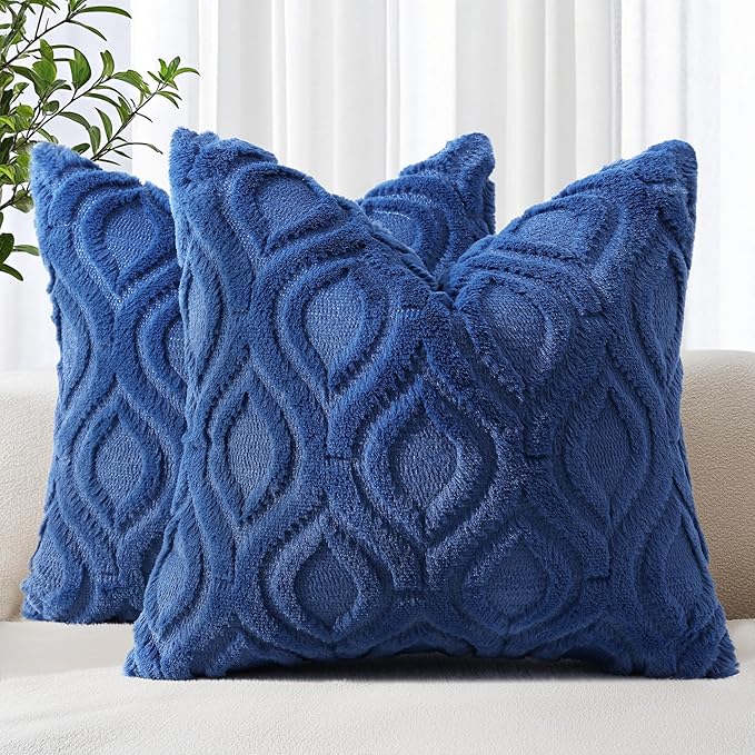 decorUhome Cozy Textured Throw Pillow Covers 16x16 Inch Set of 2, Soft Plush Faux Wool Dark Blue Accent Couch Pillow Covers for Modern Farmhouse Sofa Bed Living Room