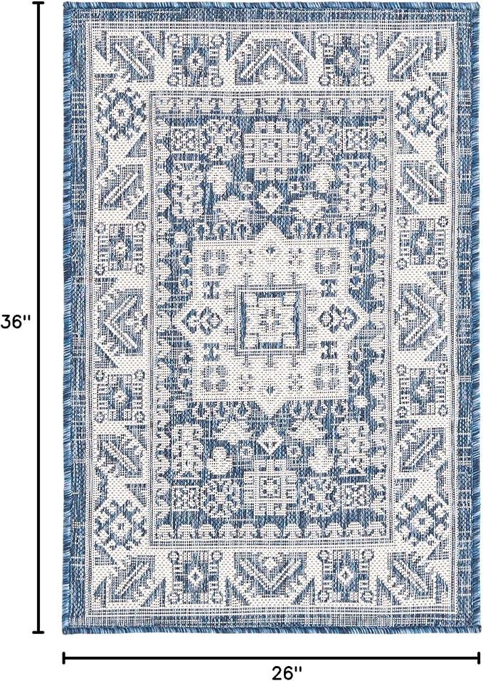 Rugs.com Outdoor Aztec Collection Rug – 2' x 3' Blue Flatweave Rug Perfect for Living Rooms, Large Dining Rooms, Open Floorplans