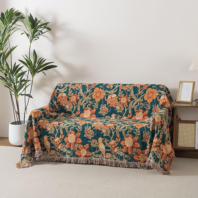 Boho Throw Blanket Twin Size, Soft Cozy Cotton Muslin Quilt Blanket for Bed Decor, Floral Patterned Couch Sofa Chair Cover, Vintage Farmhouse Cottage Tapestry Woven Blanket, Green&Orange