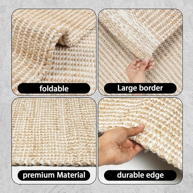 5' x 8' Jute & Wool Area Rug Handwoven Mini Check Pattern with 4-Inch Border – Natural Farmhouse Living Room, Dining & Bedroom Rug, Neutral Flatweave Indoor Décor (5' x 8')