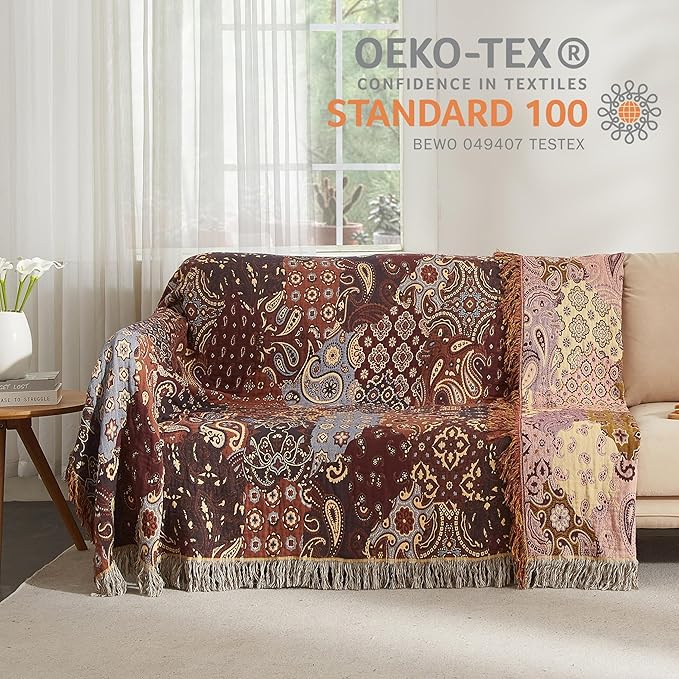 Boho Throw Blanket for Bed 90”x98”, 100% Cotton Woven Blanket for Couch Sofa, Ultra Soft 4-Layer Muslin Quilt with Floral Printed, Farmhouse Bed Blanket/Cover for Living Room Decor