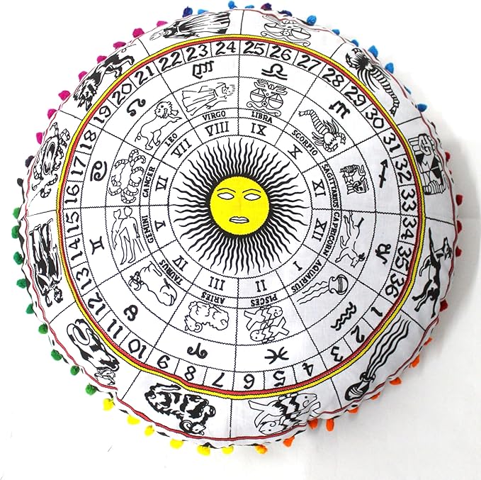 CRAFT KALA 22" Bohemian Floor Pillow Pouf Cover Mandala Boho Large Round Meditation Room Pillow Covers for Adults Seating Poufs Cushion Cover for Kids Playroom Yellow and White Zodiac