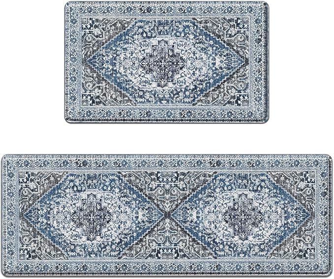 Arttown Kitchen Mats for Floor 2Pcs-Anti Fatigue Non Slip Mats for Kitchen Floor, Cushioned Waterproof & Stain-Resistant Boho Stripe Mat Set, Laundry Room, Office, Sink, Desk (Light Blue)
