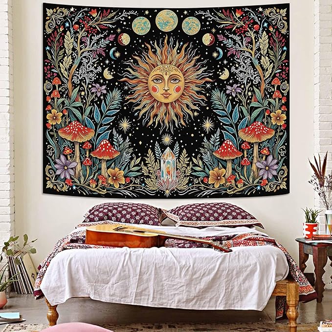 Accnicc Boho Sun and Moon Tapestry Hippie Mushroom Floral Wall Tapestry for Bedroom Aesthetic Vintage Plant Celestial Spiritual Small Tapestries Wall Hanging for Dorm Living Room Decor 60 x 44 Inch