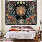 Accnicc Boho Sun and Moon Tapestry Hippie Mushroom Floral Wall Tapestry for Bedroom Aesthetic Vintage Plant Celestial Spiritual Small Tapestries Wall Hanging for Dorm Living Room Decor 48 x 36 Inch