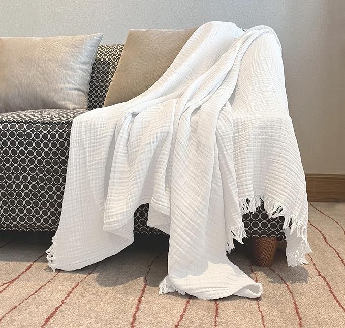 KyraHome 100% Cotton Muslin Blankets for Adults, Couch, 50"x60", Pre-Washed Plant Dyed, Breathable Lightweight Gauze Bed Blanket, All Season (White)