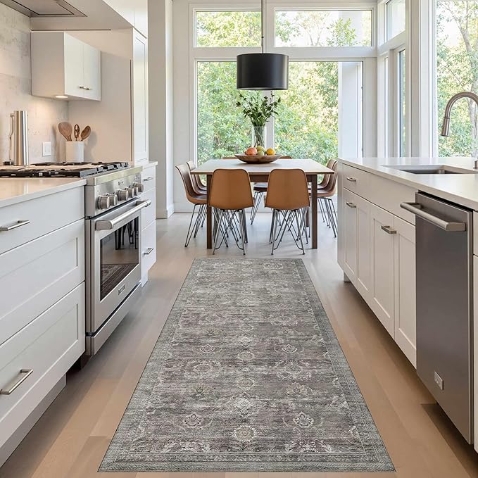 2x6 Runner Rug, Washable Kitchen Rugs, Grey Boho Vintage Floral Hallway Runner, Non Slip Low Pile Area Rug Carpet for Indoor Hallway, Kitchen, Laundry Room and Bathroom(Taupe/Grey 2x6ft)
