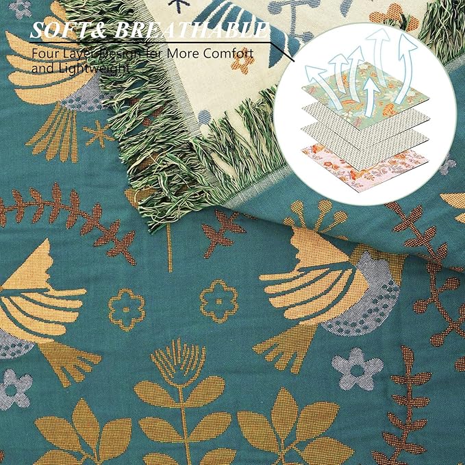 Boho Throw Blanket for Bed-100% Cotton Soft Breathable Farmhouse Decor Boho Quilt for Sofa Bed (Green Floral Bird, 60"x80")