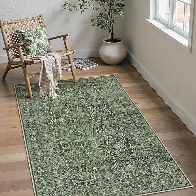 Green Area Rug 3x5 Washable Office Entryway Carpet Soft Vintage Indoor Kitchen Living Room Door Mat Traditional Retro Distressed Throw Small Rug Bedroom Dining Room Bathroom