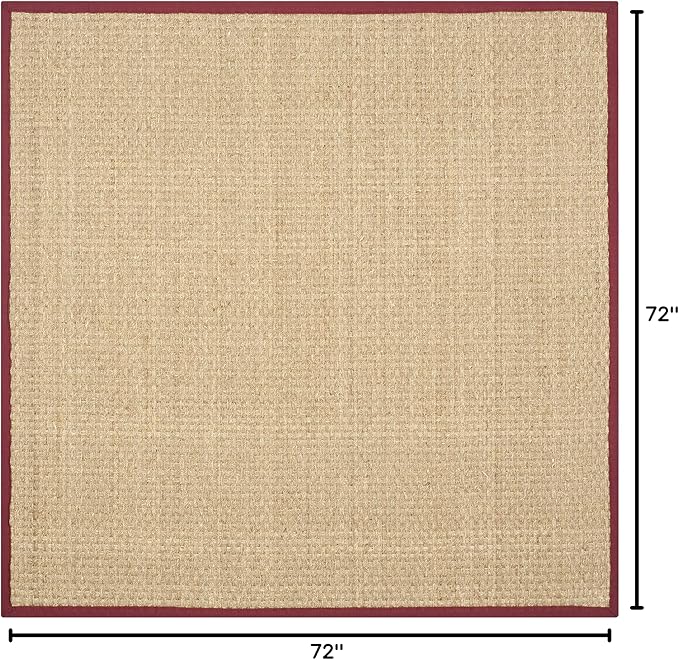 SAFAVIEH Area Rug 6' Square - Natural Fiber Collection - Natural & Red, Seagrass, Basketweave Pattern with Border (NF114D)