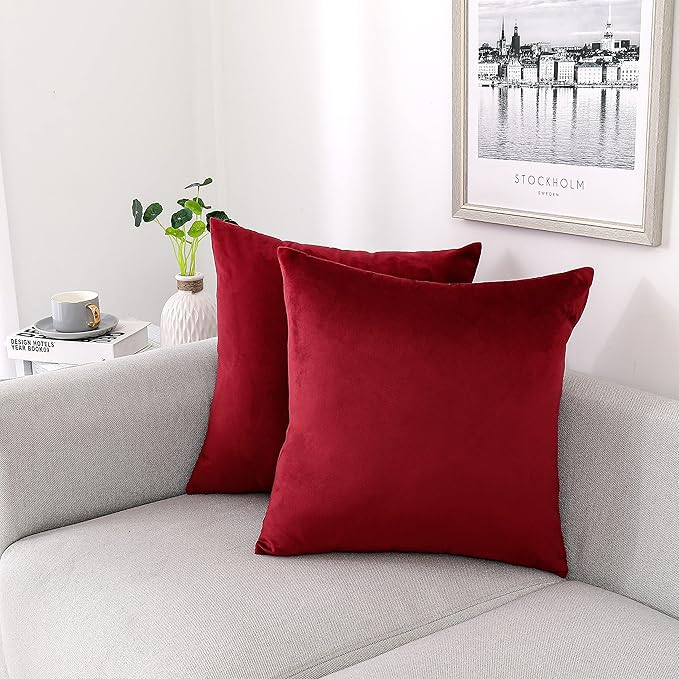 NiNi ALL Decorative Throw Pillow Covers Velvet 28x28 Inch Pack of 2 Burgundy Red Cushion Covers Soft for Couch Sofa Bedroom Living Room Outdoor