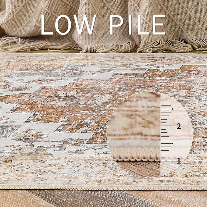 GENIMO 6x9 Area Rugs for Living Room, Machine Washable Non Slip Rugs, Low Pile Lightweight Vintage Print Rug for Bedroom, Dining Room, Home Office, Warm Orange