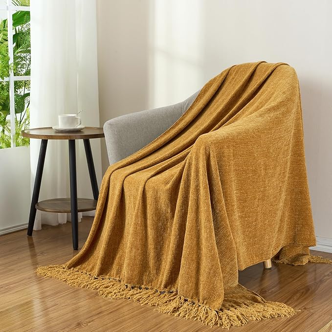 Chenille Throw Blanket for Couch with Tassels,60"X80" Soft Cozy Lightweight Knitted Boho Decorative Blankets for Bed and Sofa,Yellow