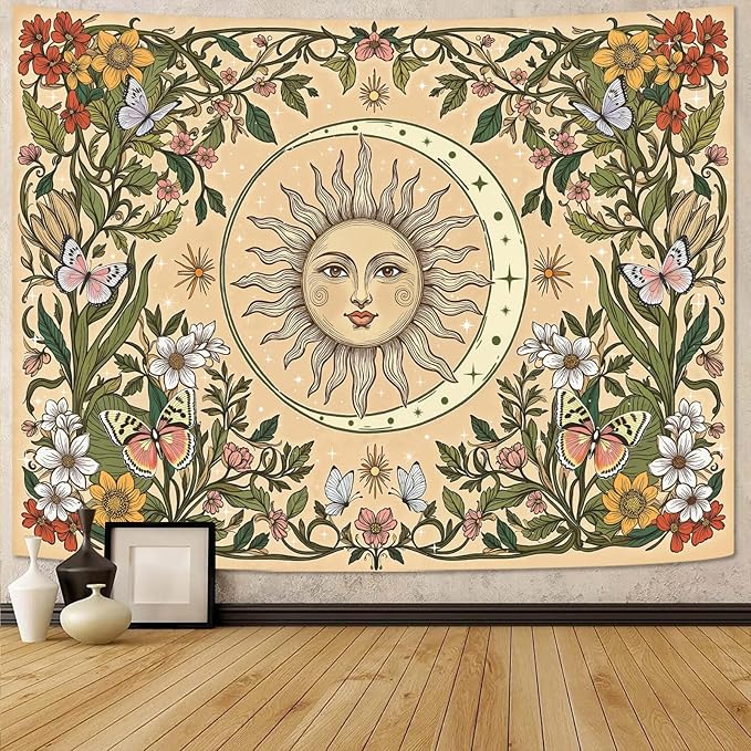 Accnicc Boho Sun and Moon Tapestry Vintage Floral Wall Tapestry for Bedroom Aesthetic Beige Celestial Plant Flower Butterfly Small Tapestries Wall Hanging for Living Room Dorm 60 x 44 Inch