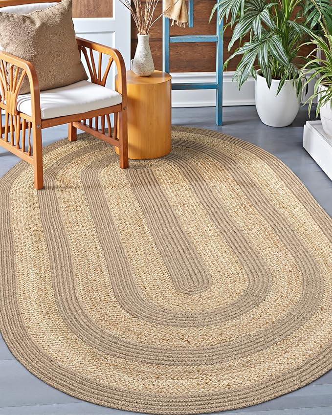 DEXI Jute Area Rug Natural Fiber 4x6 Oval, Woven Braided Durable Farmhouse Design Rugs for Living Room, Bedroom Dinning Room Office Outdoor Patio, Natural/Beige