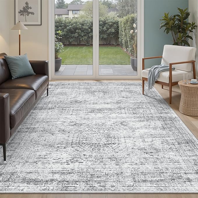 5x8 Area Rugs Grey Low Pile Indoor Washable Trendy Faded Style Rugs for Bedroom Living Room Dining Room Foldable Non-Slip Thin Print Home Office Mat