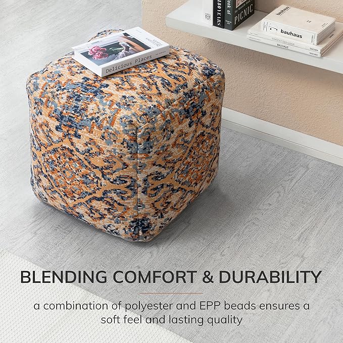 Anji Mountain Pouf Ottoman Foot Rest, Handmade Ottoman Pouf, Comfortable Foot Stool, Decorative Floor Seating for Living Room Decor, Bedroom & Home Décor Accent - Tofino Orange