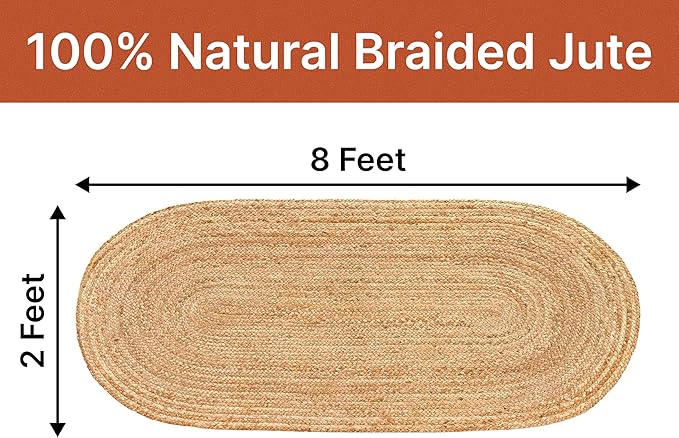 MDS Pack of 1 Handwoven Braided Jute Area Rug 2x8 feet Oval - 100% Natural Burlap Reversible Accent Rugs for Home Decor, Living Room, Doormat, Kitchen, Entryway Rug, Rustic, Farmhouse (2'x8')
