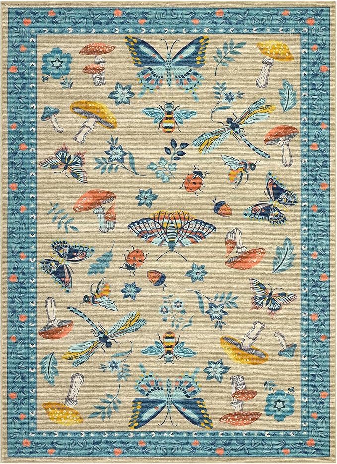 Mushroom Insect 8x10 Area Rugs, Washable Rugs for Living Room Non Slip Stain Resistant Low Pile Modern Butterfly Carpet for Bedroom Dining Room Nursery Playroom Office, Khaki Blue