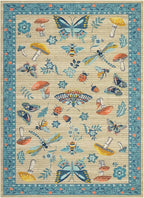 Mushroom Insect Washable Rug 5x7 Area Rugs for Bedroom Non Slip with Rubber Back Low Pile Stain Resistant Butterfly Carpet for Living Room Nursery Kitchen Dining Room Khaki Blue