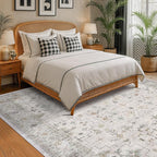 Boho Light Grey Living Room Rug 8x10 - Modern Vintage Eclectic Floral Pastel Neutral Taupe, Washable Low Pile Non-Slip Extra Large Area Rugs for Dining Under Table Bedroom Lounge
