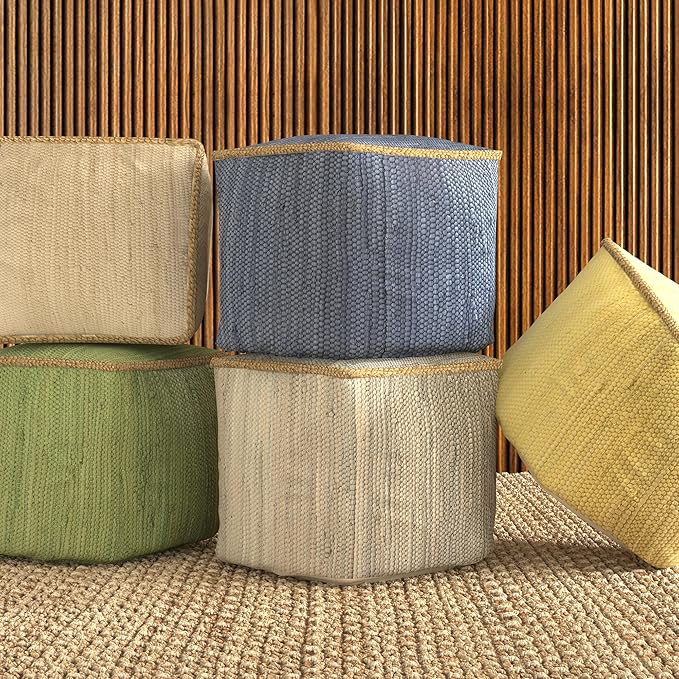 LR Home Green Bordered Hand-Loomed Cotton Blend Cube Pouf with Jute Braid for Home Decor | Transitional Foot Rest for Bedroom & Living Room | 18 x 18 x 18 Stuffed Ottoman Ottoman