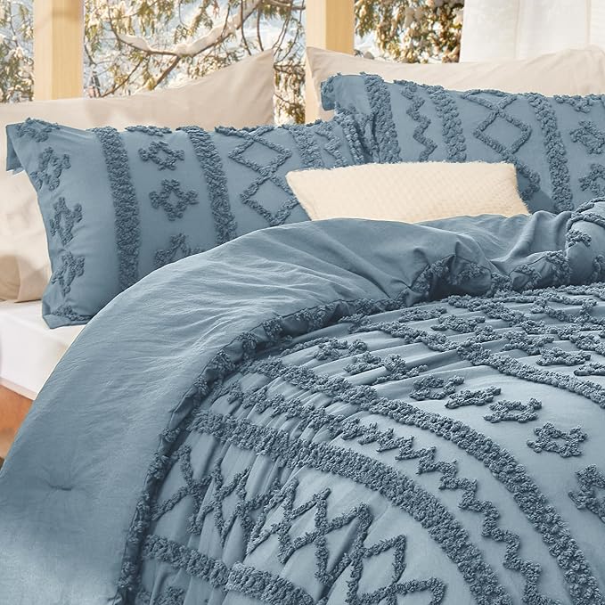 Bedsure Tufted Boho Comforter Set Twin Size - Grayish Blue Boho Bed Set, GentleSoft™ 2 Pieces Farmhouse Shabby Chic Embroidery Bedding, Gifts for Woman, Soft Jacquard Twin Comforter for All Seasons