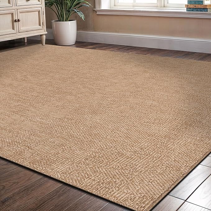 Washable Easy Jute Rug 9x12, Indoor Outdoor Rugs Natural Color Farmhouse Area Rugs for Living Room, Kitchen Rug High Traffic Area, Easy to Clean Solid Boho Woven Design Outside Carpet (9 X 12 Natural)