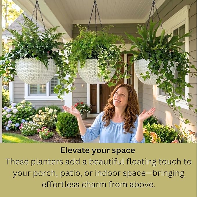 LaLaGreen Hanging Planters for Indoor Plants (11 Inch, 4 Pack) White Rattan Style Self-Watering Hanging Flower Pots with Water Level Indicator, Round Baskets Metal Chain for Balcony Patio Garden Decor