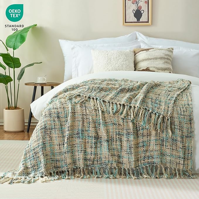 Multi-Color Blue Grey Cable Woven Throw Blanket for Couch,60"X80" Boho Style Textured Blankets for Home Decor,Super Soft Warm Cozy Chunky Blanket with Decorative Tassels for Bed