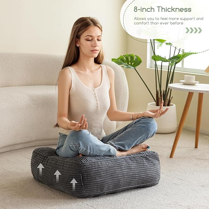 HIGOGOGO 8" Extra Thick Floor Pillow Cushion for Adults, Meditation Cushion Pillow, Large Square Floor Sitting, Tufted Corduroy Cover, for Tatami Living Room or Yoga, 22x22 Inch, 2Pack, Dark Grey