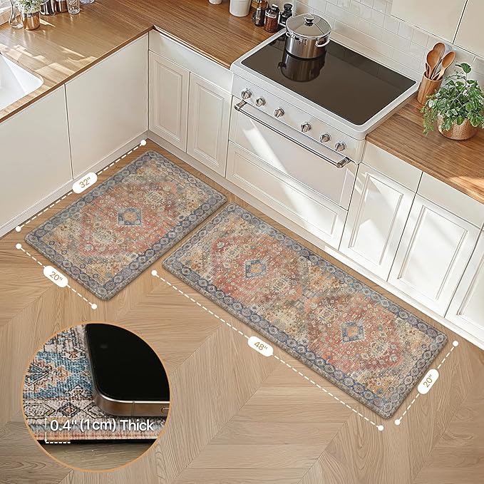 GENIMO Kitchen Mats for Floor, 2PCS Kitchen Rugs Non Slip Washable, Waterproof Anti Fatigue Mat, Comfort Standing Runner Rug for Sink, Office, Laundry, Home, 20"x32"+20"x48", RetroBrick