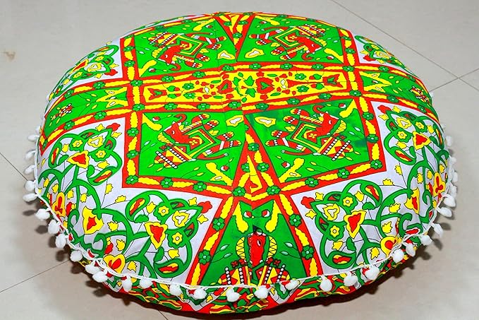 Large Round seat Floor Cushion Chair Ottoman Cover Pouf Pillow Meditation Floor Cushions for Adults Seating pouffe Ottoman Throw Covers Craft Room Furniture for Sitting Cover 22 Inches (Green Red)