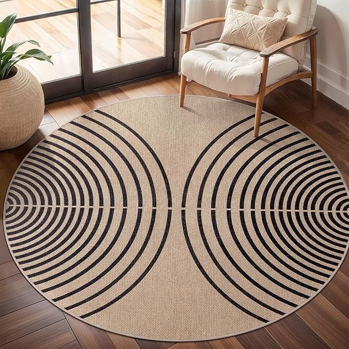 Tangsoo Modern Rainbow Round Rug 4ft Easy Jute Washable Rugs Ultra Thin Black Indoor Outdoor Rug Circle Farmhouse Mat Non Slip Round Carpet for Bedroom Kitchen Entryway Patio