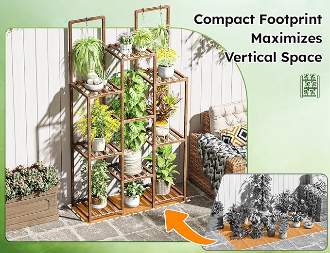 EnHomee 8 Tiers Plant Stand, Indoor Plant Stand with 11-16 Pots, Wood Plants Shelves for Living Room, Patio, Balcony, Yard, Garden, 34.2''W×11.8''D×47.4''H