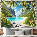 AOHMPT Ocean Sunset Tapestry, Beach Evening Sunset Tapestry, Natural Beach Palm Tree Landscape Poster, Seaside Landscape Wall Hanging for Bedroom, Dorm Room and Living Room Wall Decor 79" L x 59" W