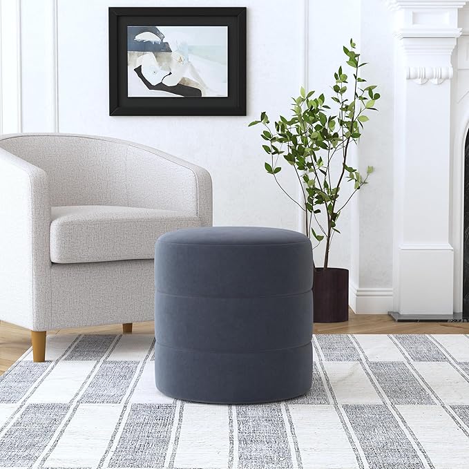 Spatial Order Upholstered Round Ottoman (No Lid, Seat Only) | Spatial Order Home Décor | Foot Rest Pouf – Steel Blue Velvet