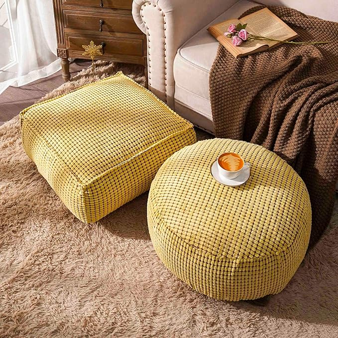 SUTAVIA Pouf Ottoman Cover Unstuffed Pouf Seat Decorative Soft Storage Bean Bag 20x20x8 Inches Floor Footrest for Living Room Bedroom (Yellow, Round)
