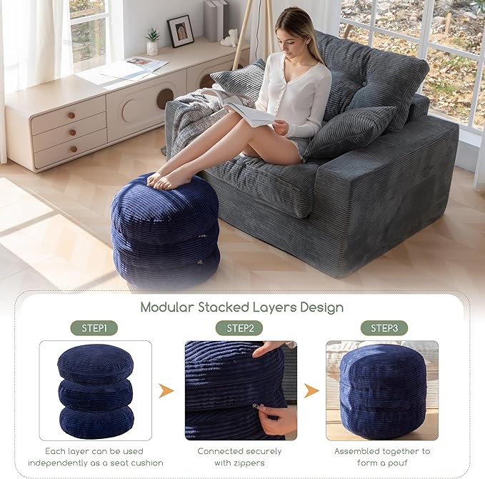 HIGOGOGO Pouf Ottoman Stuffed Round Modern Foam Filled Foot Rest Poufs 20 X 18 Inches Modular Ottomans Separated Into Floor Cushions for Living Room Chair Decorative Stool, Navy