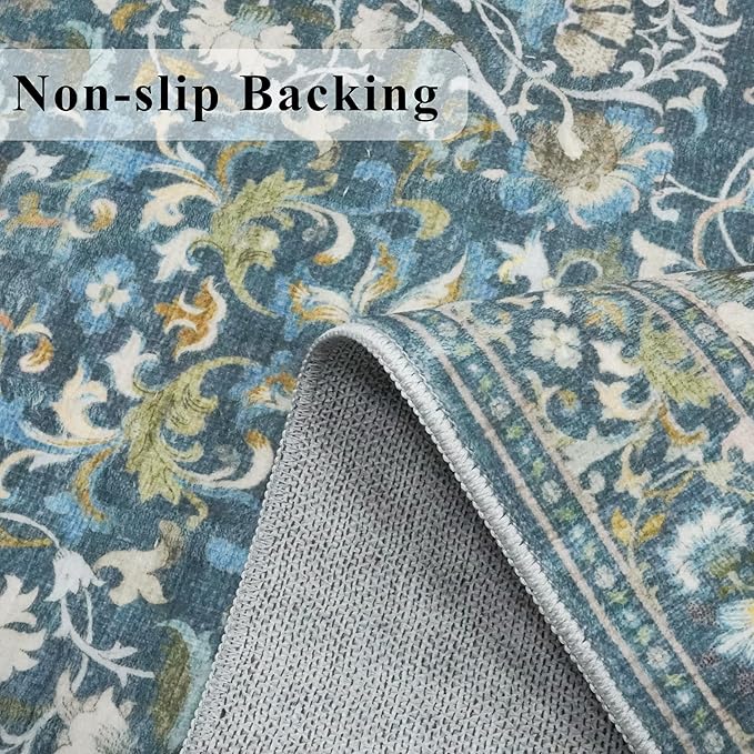 Washable 2x8 Hallway Runner Rug: Vintage Water-Resistant Kitchen Entryway Rug Ultra Soft Living Room Bedroom Carpet Non Slip Indoor Low Pile Floor Mat for Bathroom Dining Room(2x8,Floral/Blue)