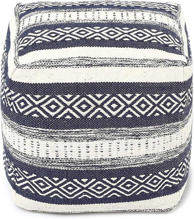 REDEARTH · UNSTUFFED Pouf Ottoman Cover Textured Cube Bean Bag Poof Pouffe Footrest for Living Room, Bedroom, Patio, Gym; 100% Cotton (18"X18"X18", Indigo Impressions)