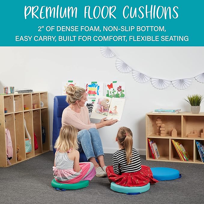 Factory Direct Partners SoftScape 15 inch Round Classroom Floor Cushions with Handles; Flex Seating for Daycare, Preschool, Playroom; 2 inch Thick Deluxe Foam (6-Piece) - Gray/Light Gray, 11232-GYLG