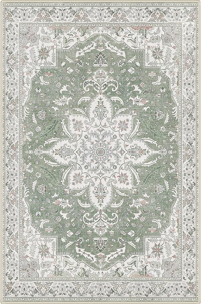 GENIMO 5X7 Washable Vintage Area Rugs for Living Room, Non-Slip Low Pile Chenille Print Rug, Soft Rugs for Bedroom Dining Room Home Office, Sage & Linen