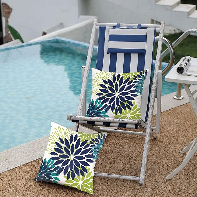 DFXSZ Navy Blue Flower Pillow Covers 18x18 Inch Set of 2 White Gray Colored Throw Pillows Outdoor Waterproof Decor for Living Room Sofa Patio Funiture Garden Floral Polyester Pillow Covers 002P18