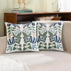 Tosleo Embroidered Pillow Covers 18x18 Pack of 2 Green and Navy Blue Leaves with Birds Embroidered Throw Pillow Covers Floral Tufted Pillowcases Spring Summer Decorative Coastal Pillow Cushion Cases