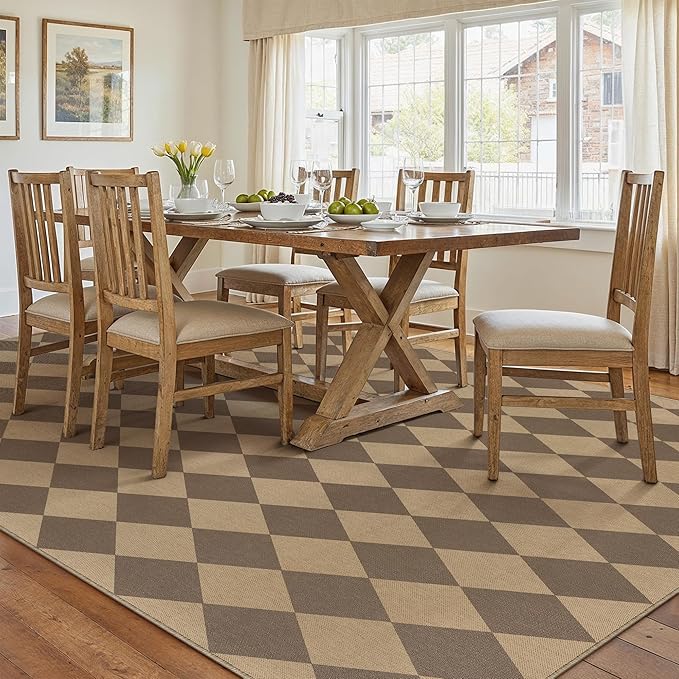 8x10 Checkered Easy Jute Area Rug for Living Room Large Checkerboard Washable Indoor Outdoor Carpet Farmhouse Patio Office Mat Geometric Non Slip Brown Carpet for Backyard Dining Room