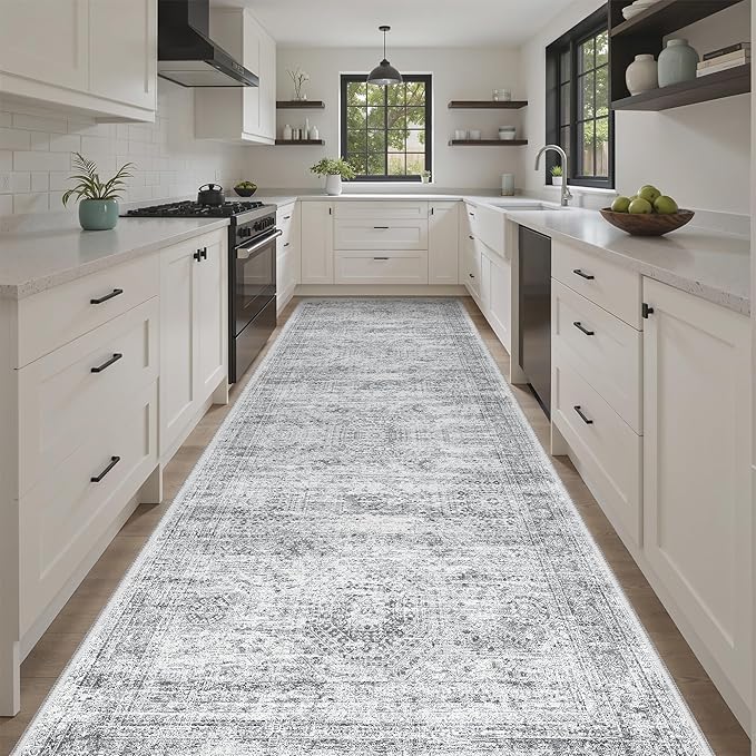 4x12 Wide Hallway Runners: Washable 12ft Runner Rug for Entryway Living Room Soft Vintage Non Slip Carpet Runner for Kitchen Dining Room Nursery Bedroom (Grey, 4x12ft)