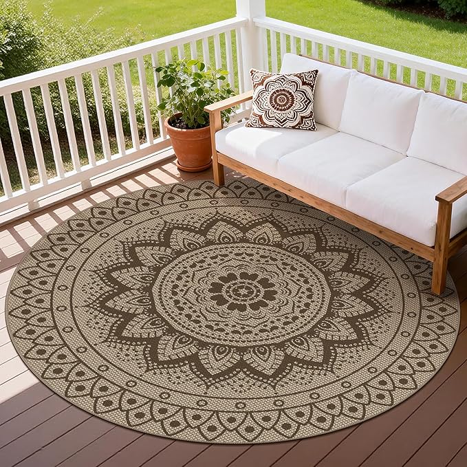 Outdoor Round Rug 6ft, Easy Jute Rug Washable Indoor Outdoor Patio Rug, Non Slip Round Area Rug Farmhouse Front Door Mat,Boho Lightweight Carpet for Backyard Patio Entry (Brown, 6 Ft)