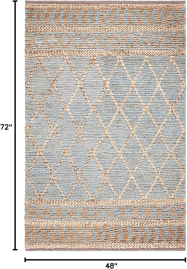 SAFAVIEH Natural Fiber Collection Accent Rug - 4' x 6', Natural & Blue, Handmade Boho Moroccan Trellis Jute, Ideal for High Traffic Areas in Entryway, Living Room, Bedroom (NF955N)